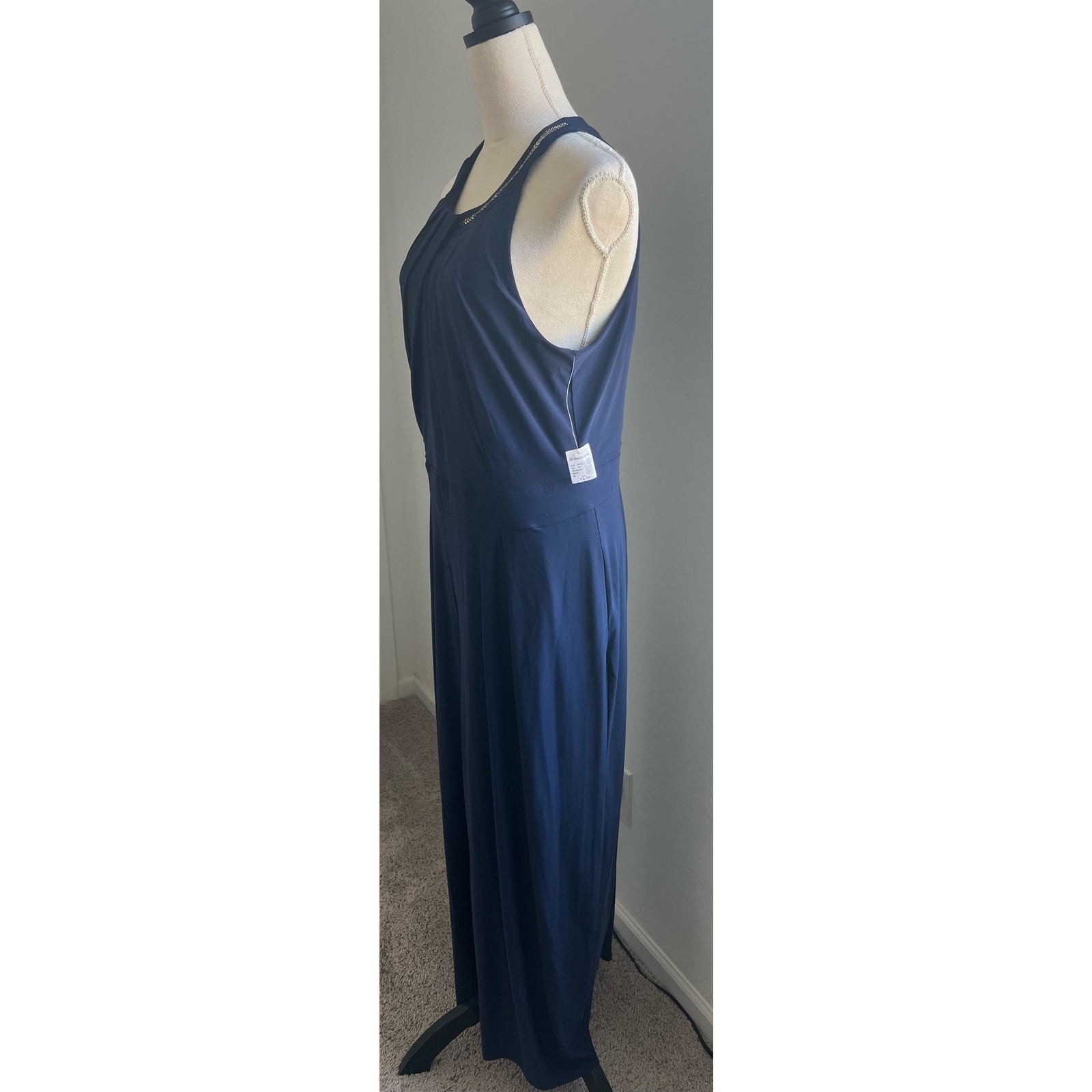 Dressbarn Roz & Ali Navy Blue Stud Fold Halter Sleeveless Wide Pant Jumpsuit 14w — image 3 of 8